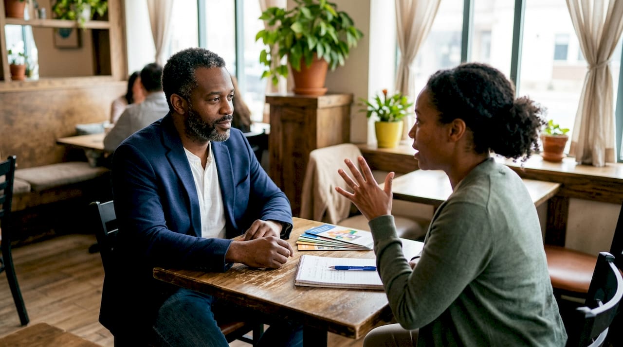 Father consulting social worker about child support