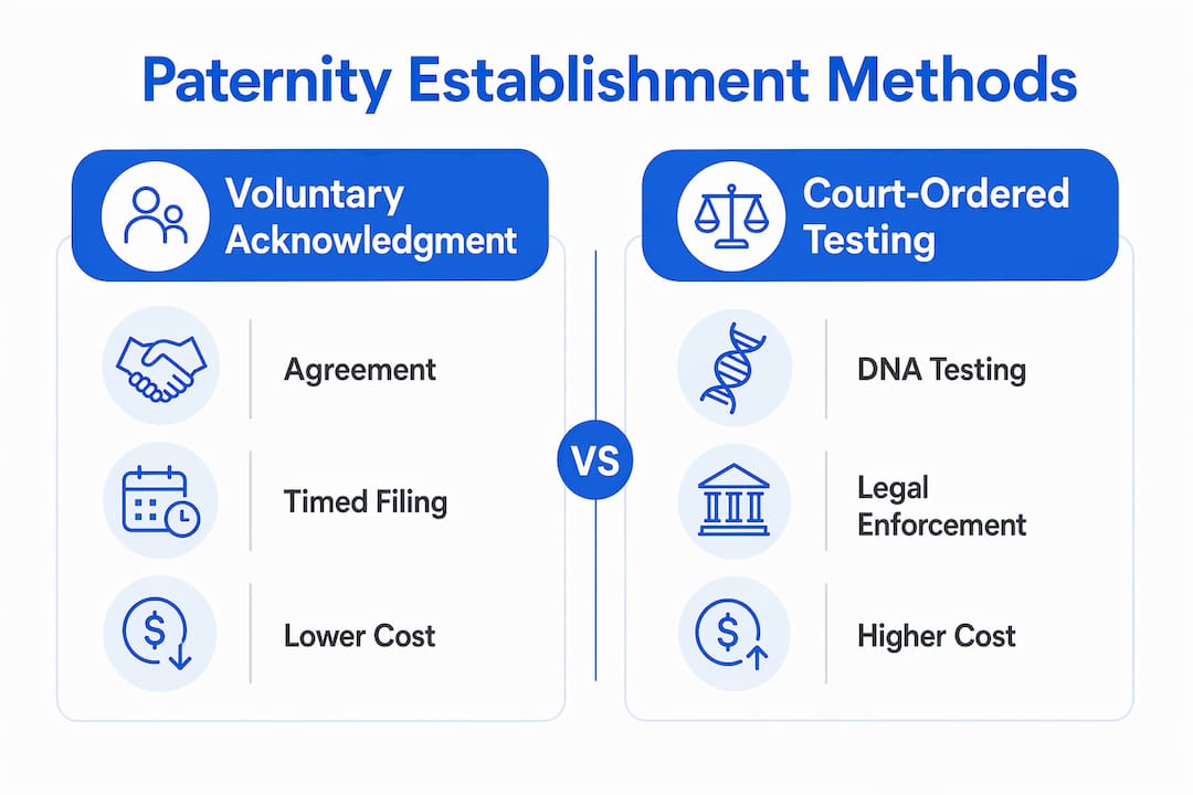 Infographic comparing paternity acknowledgment and court-ordered testing