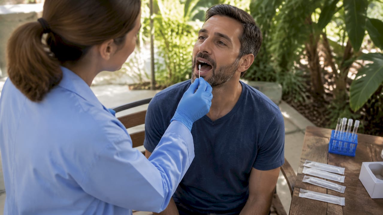 Healthcare worker collecting cheek swab DNA sample