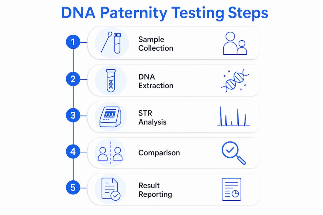 Infographic illustrating DNA paternity test step-by-step process