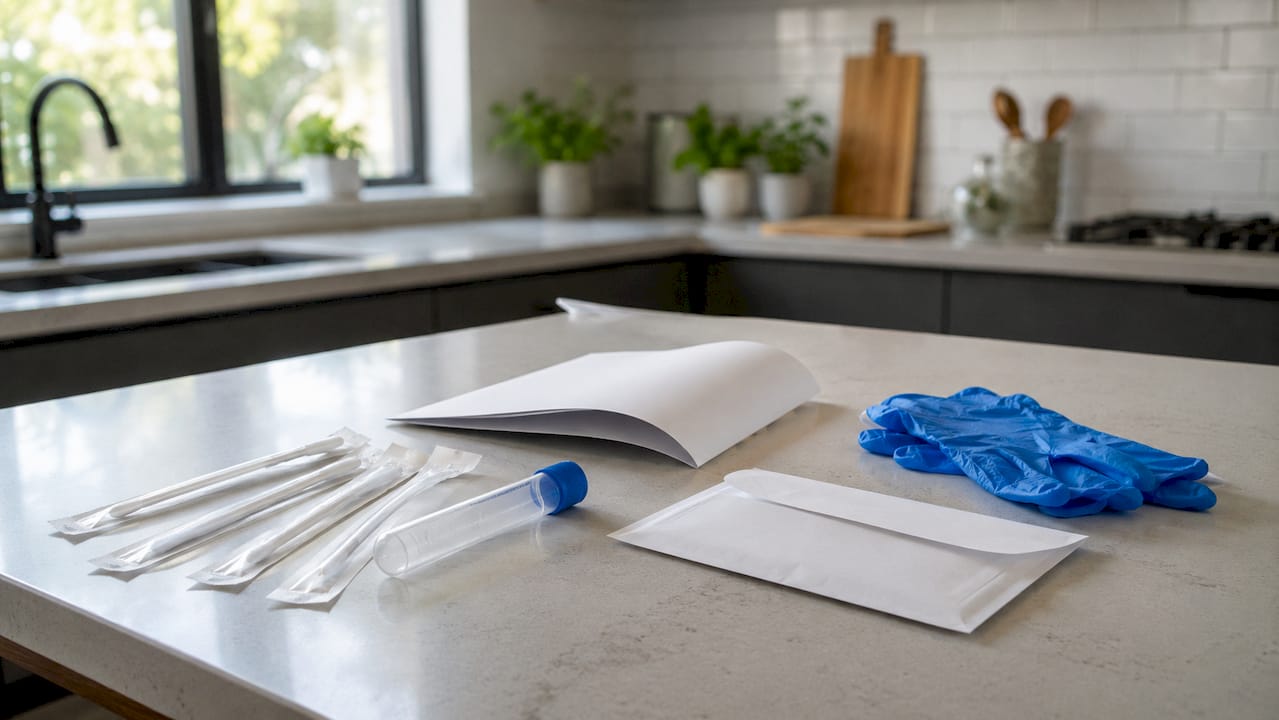 Contents of a home DNA test kit on bathroom counter