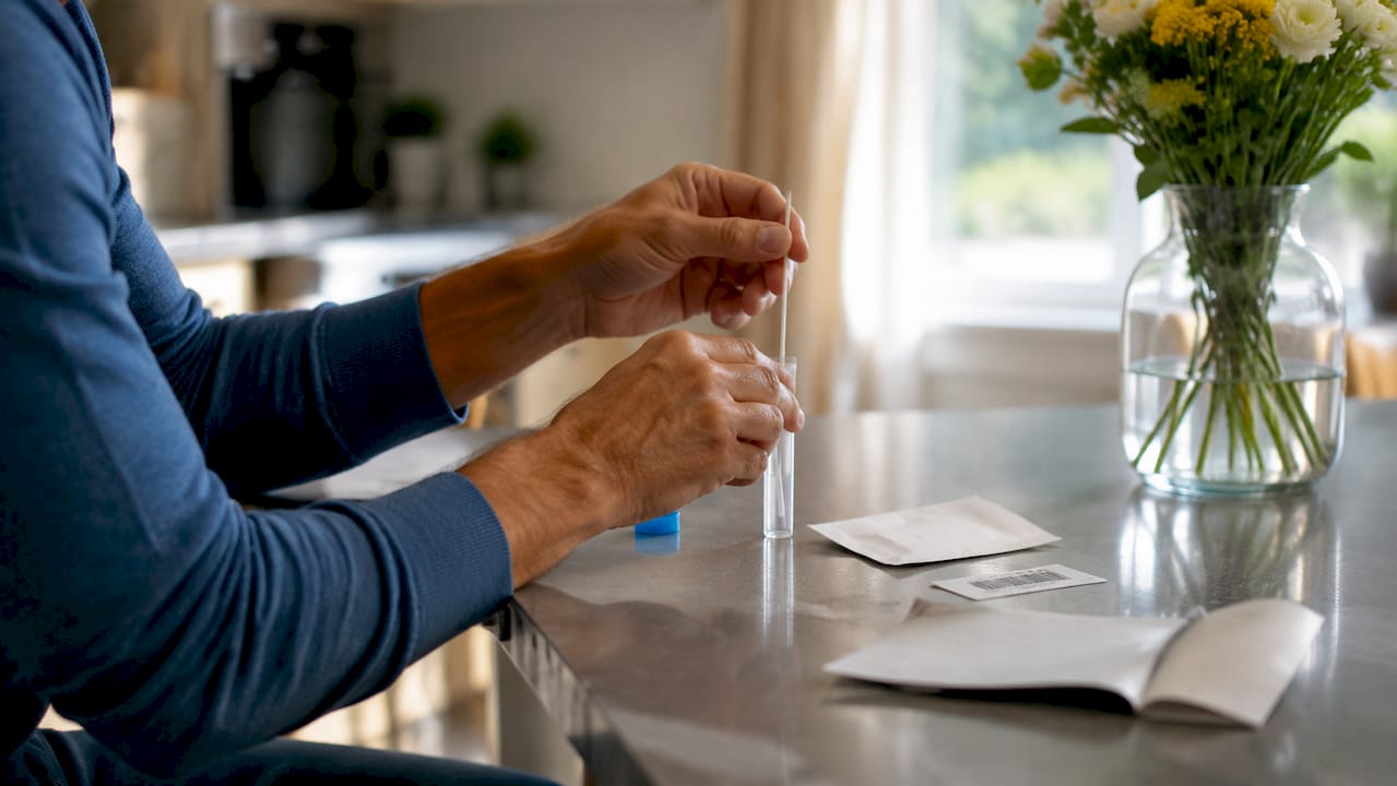 Hands assembling at-home paternity test kit components