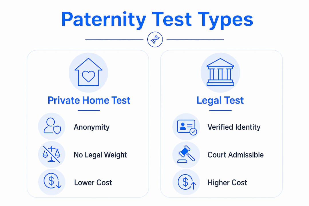 Infographic comparing private and legal paternity tests