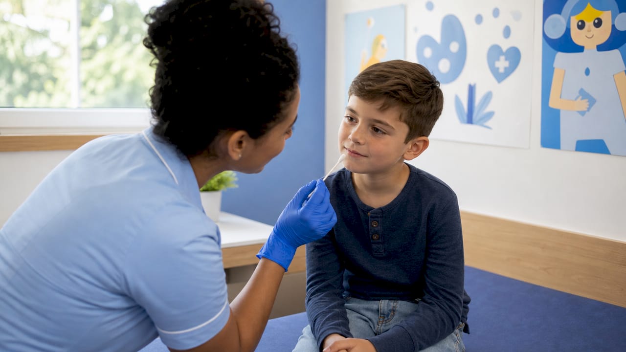 Hands collecting DNA cheek swab from child