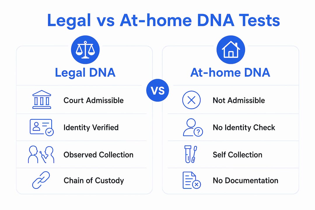 Infographic comparing legal and at-home DNA tests with key differences