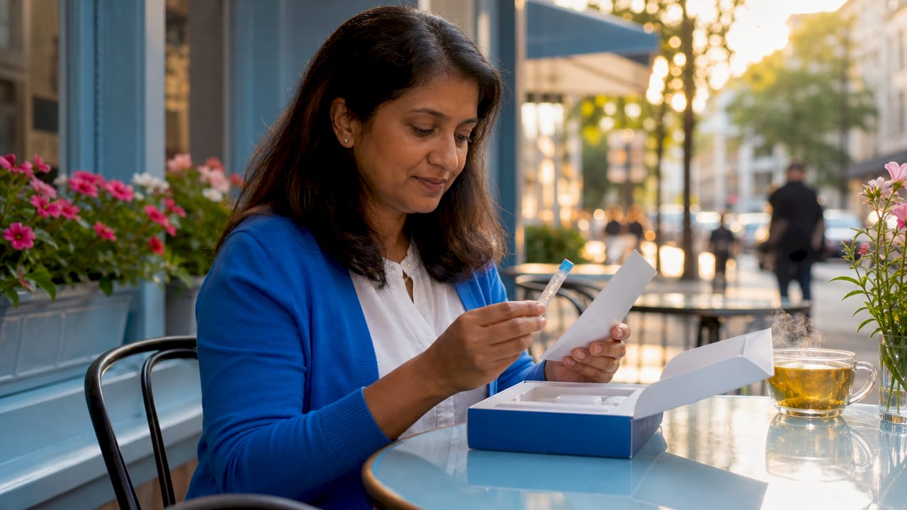 Woman unboxing home DNA test kit at kitchen table