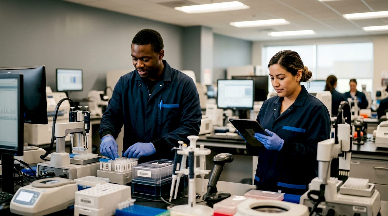 Lab technicians operating automated DNA sample processing machines