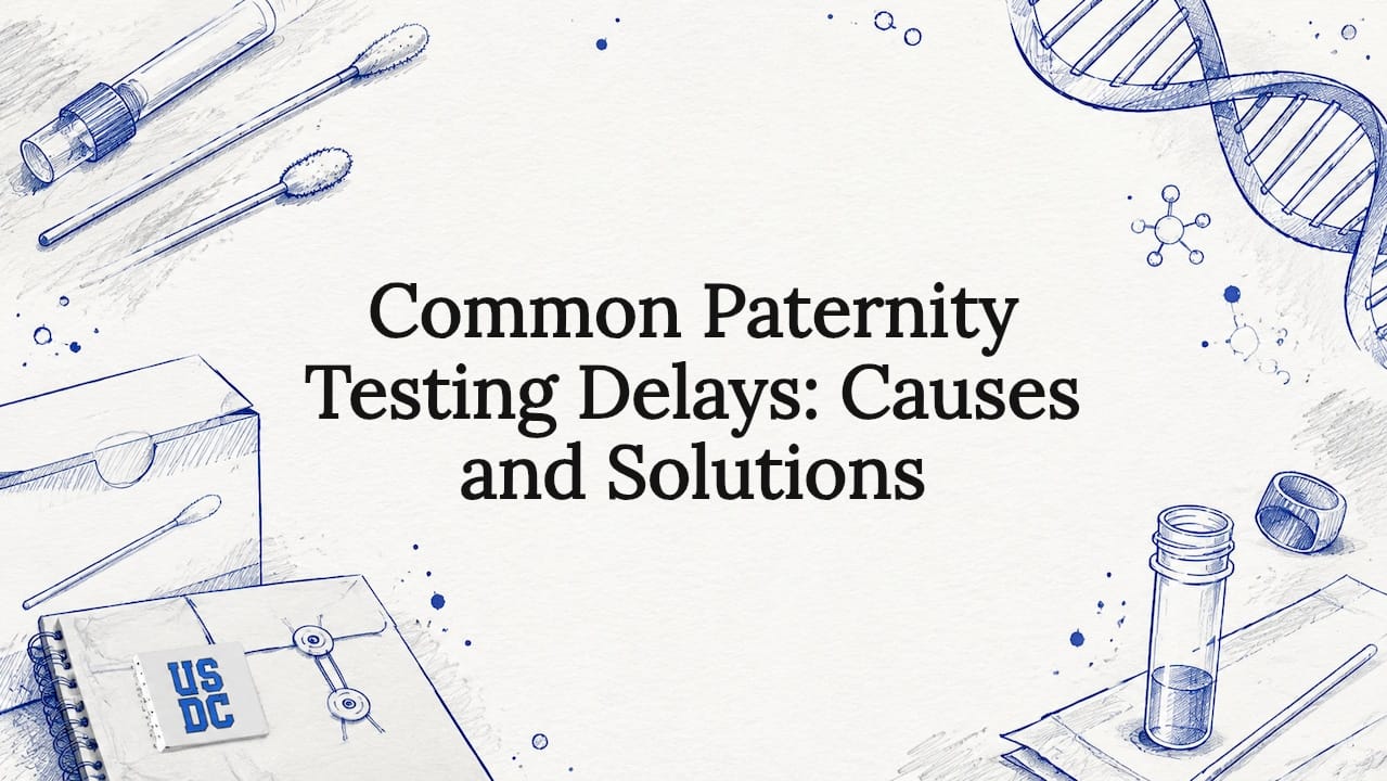 Decorative hand-drawn title card illustration with DNA and testing icons