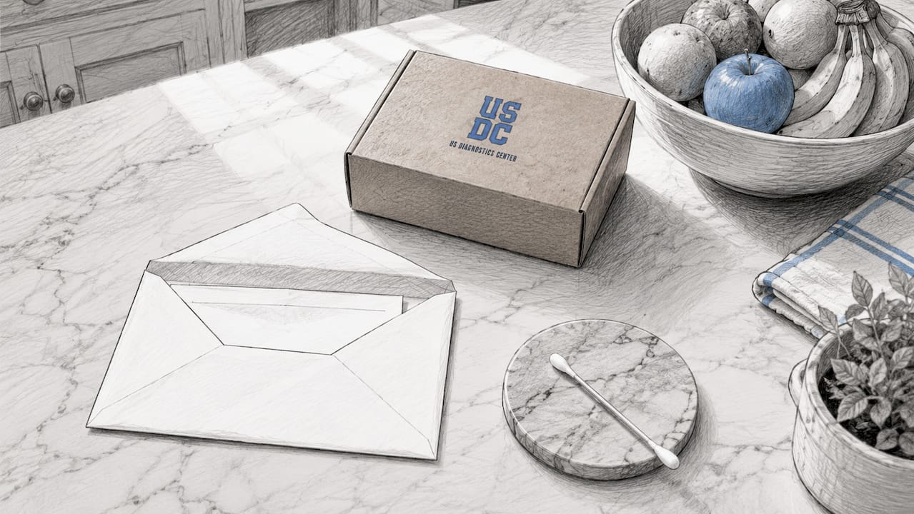 Mailing envelope and cheek swab on kitchen table