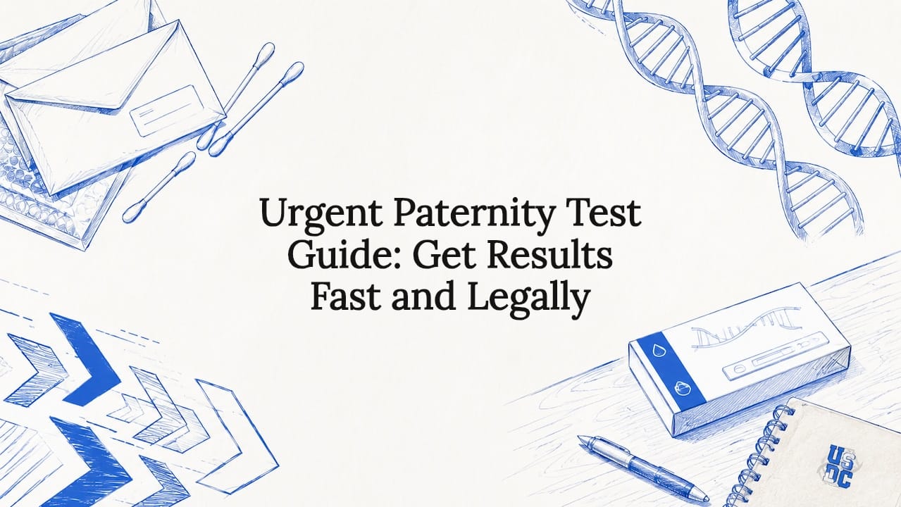 Decorative title card illustration with paternity test-themed sketches
