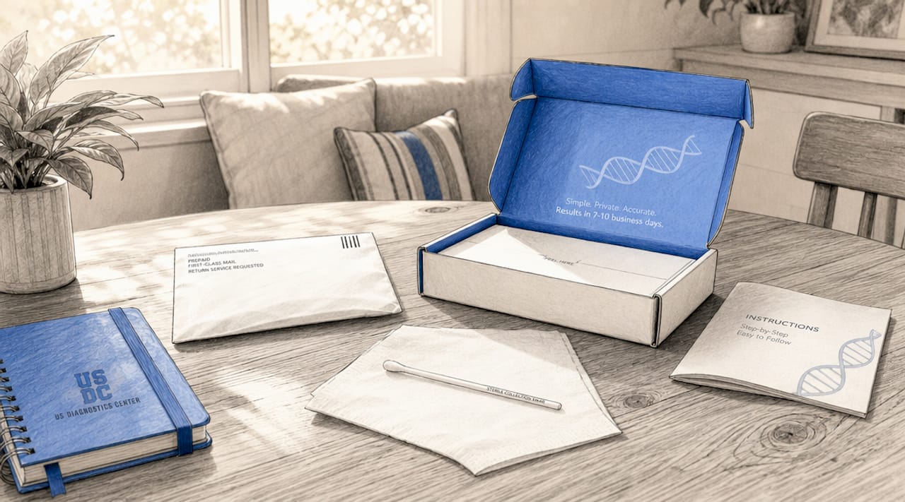 Home DNA test kit with cheek swab and mailing envelope
