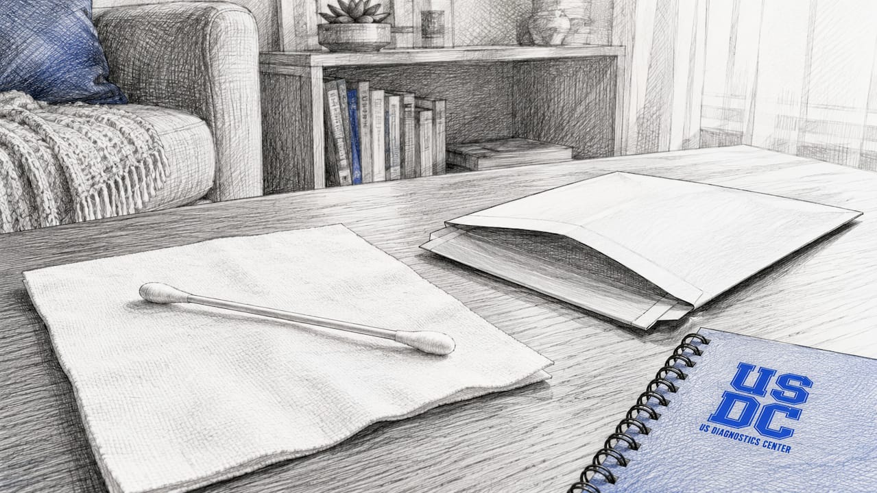 Cheek swabs and mailing envelope on desk
