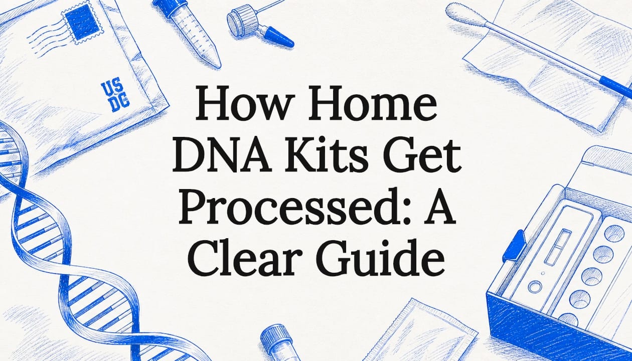 Decorative hand-drawn title card illustration with DNA and home kit elements