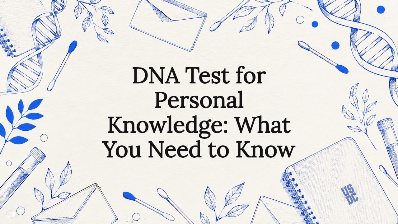 Decorative hand-drawn DNA testing title card illustration