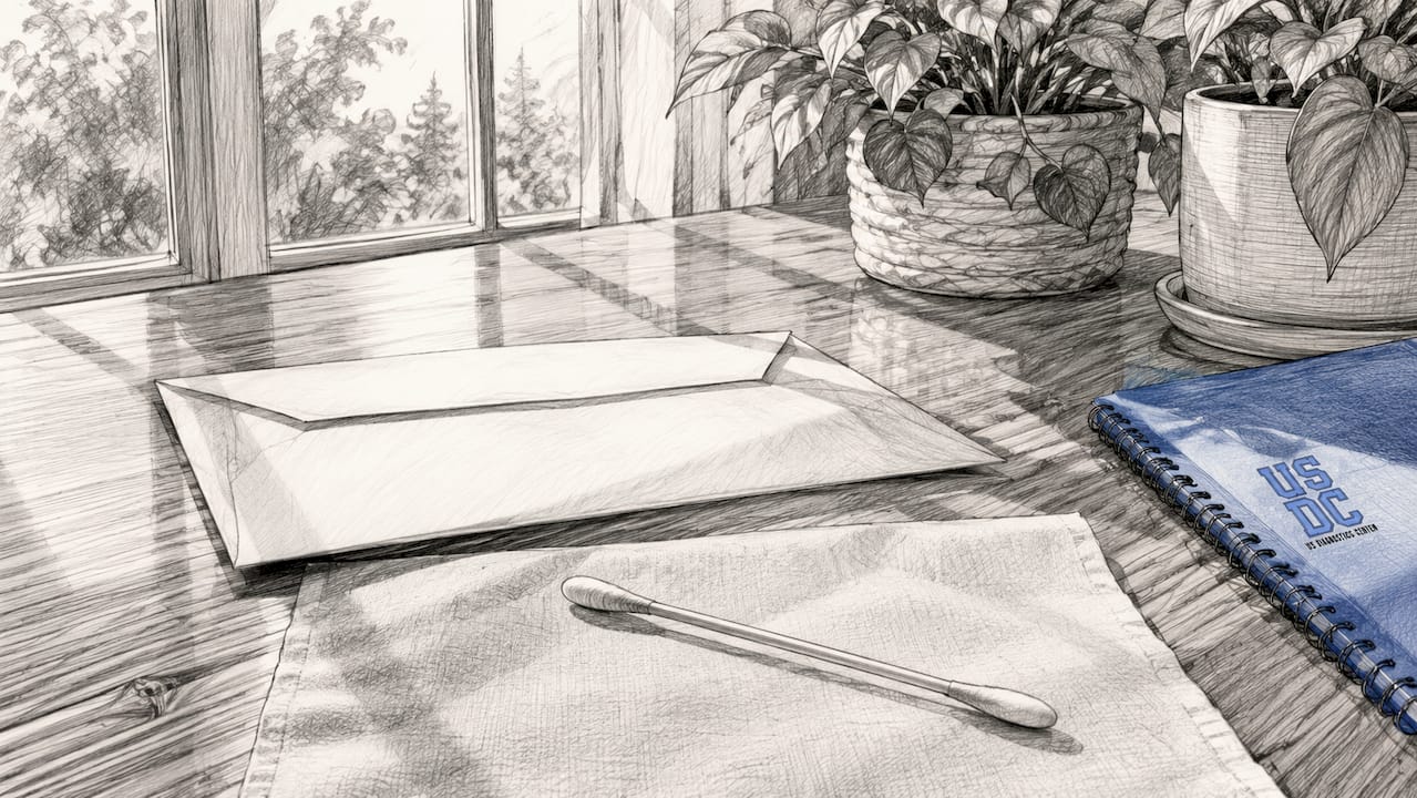 Cheek swab and mailing envelope on kitchen table