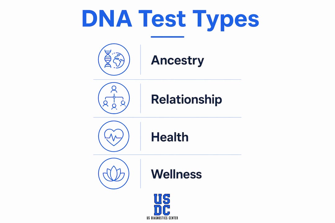Infographic illustrating DNA test categories