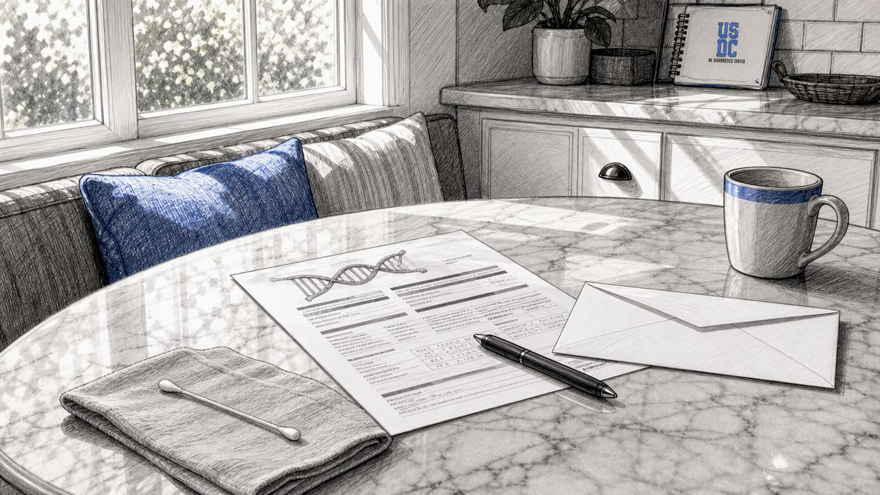 Home desk with test report and swab