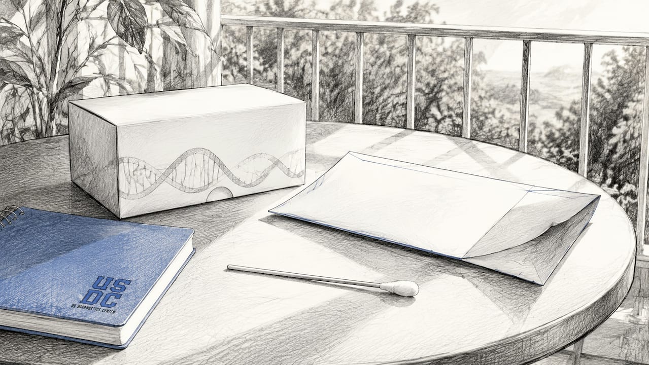 Cheek swab and mailing kit on kitchen table