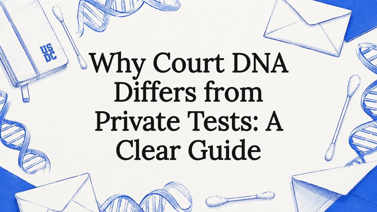 Decorative title card illustration with DNA testing motifs