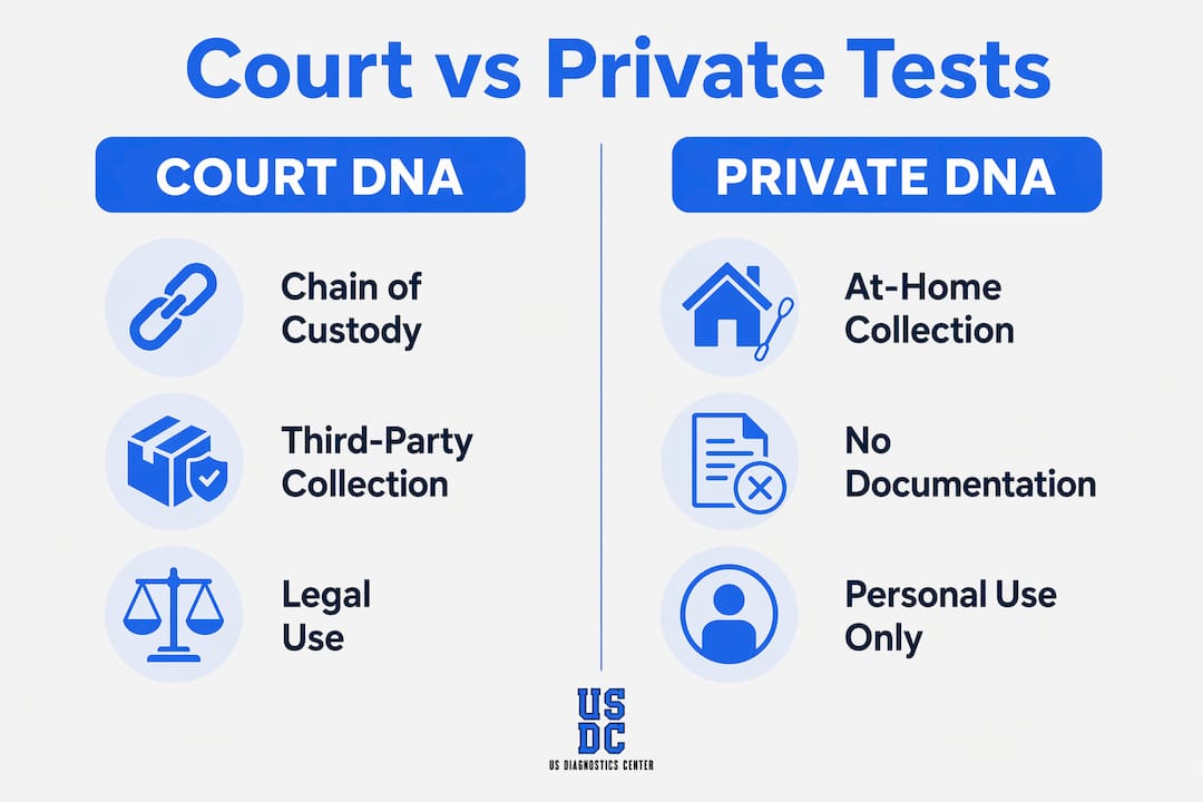 Infographic comparing court and private DNA tests