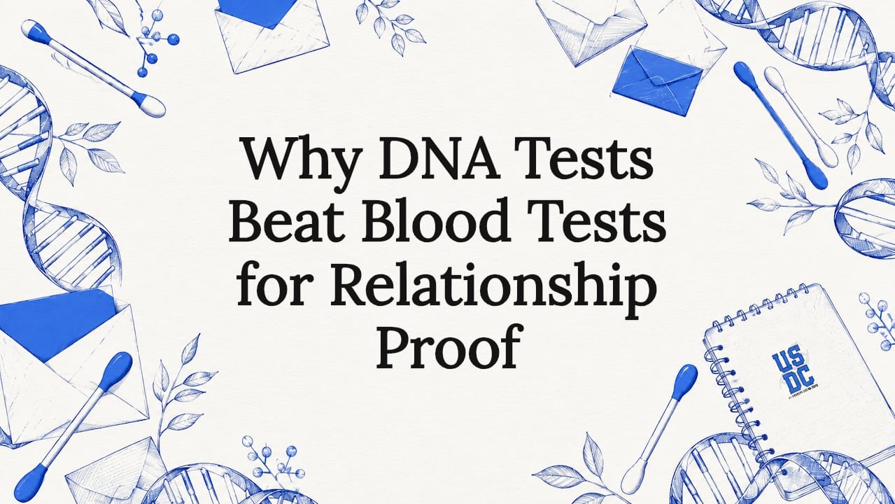 Decorative illustrated title card with DNA and test kit motifs