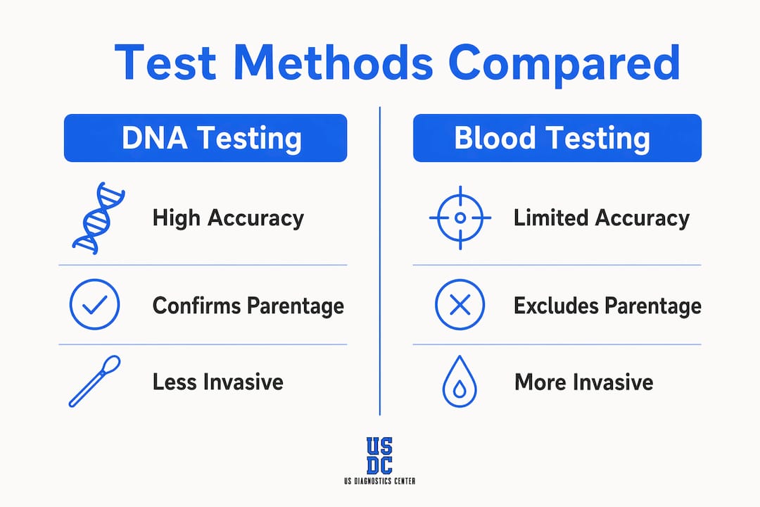 Infographic comparing DNA testing and blood testing