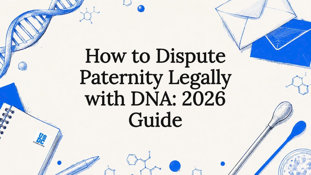 Decorative title card with DNA, cotton swab, envelope, and silhouettes