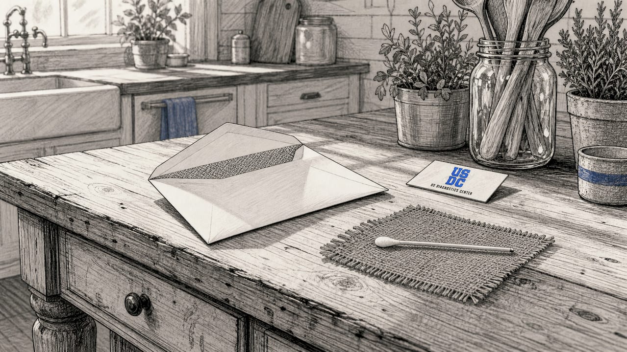 Cheek swab and mailing envelope on kitchen table