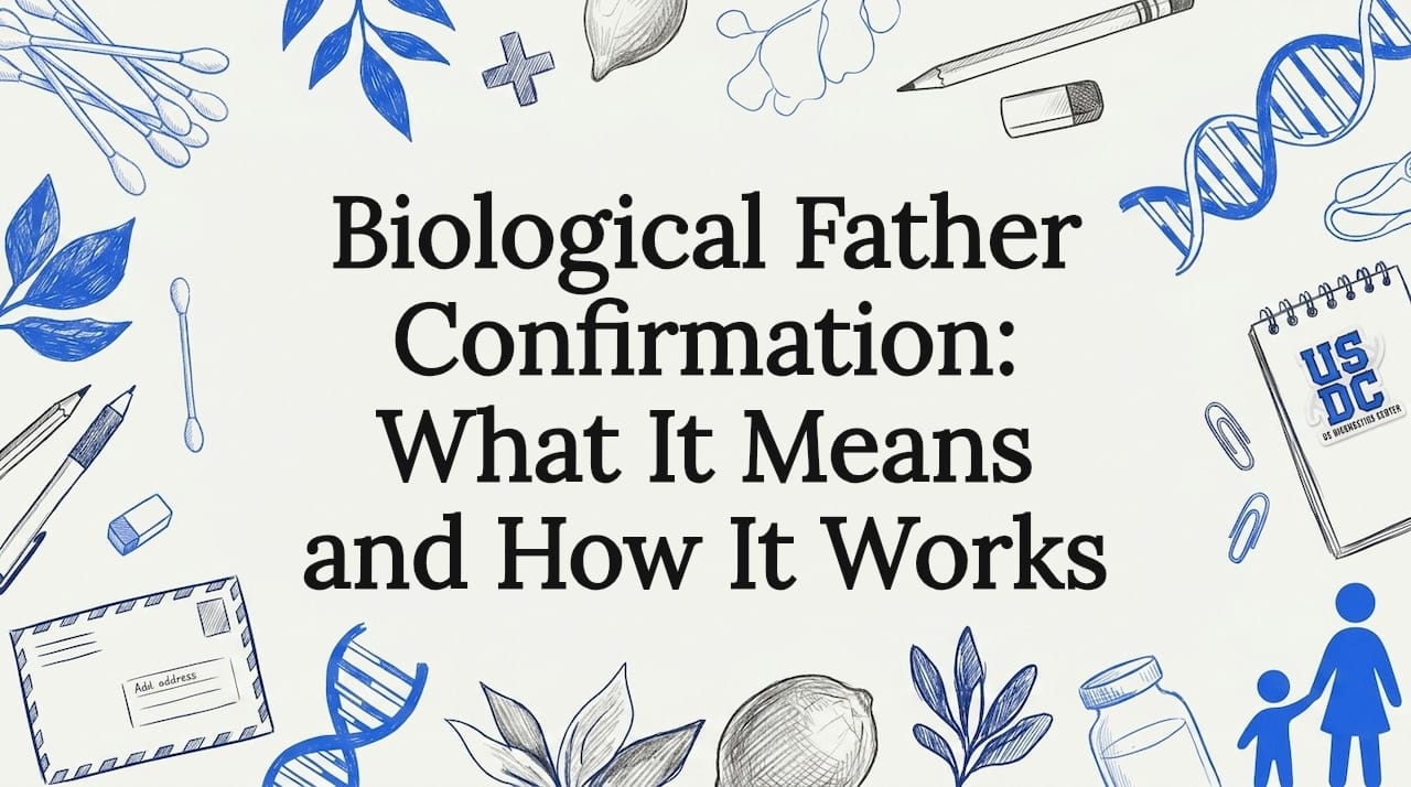 Decorative title card illustration with DNA helix and testing tools