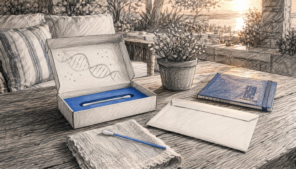 Cheek swab and DNA test kit on kitchen table
