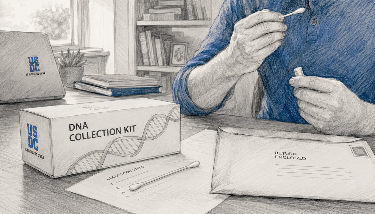 Cheek swab and test kit on home desk