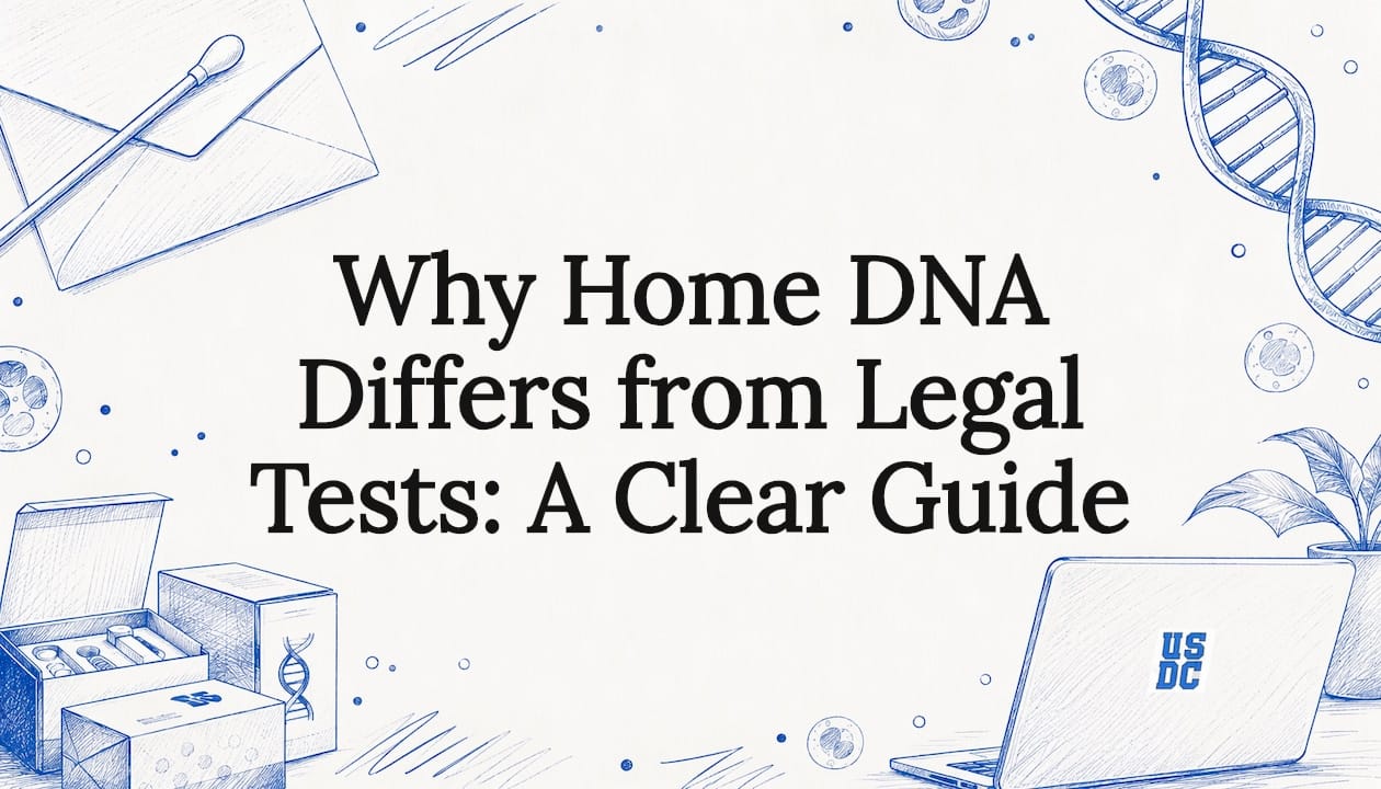 Decorative title card illustration with DNA and test kit motifs