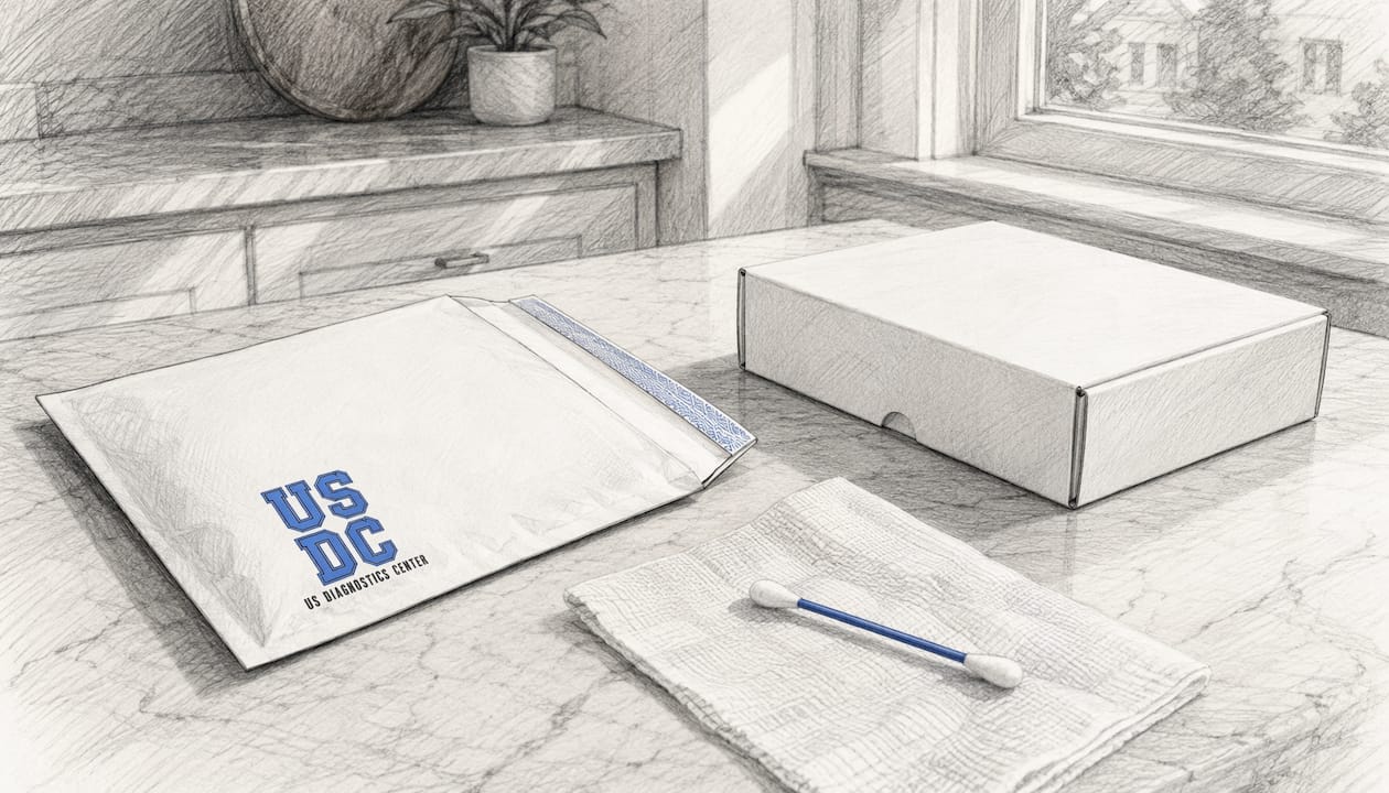 Cheek swab and test kit on kitchen table