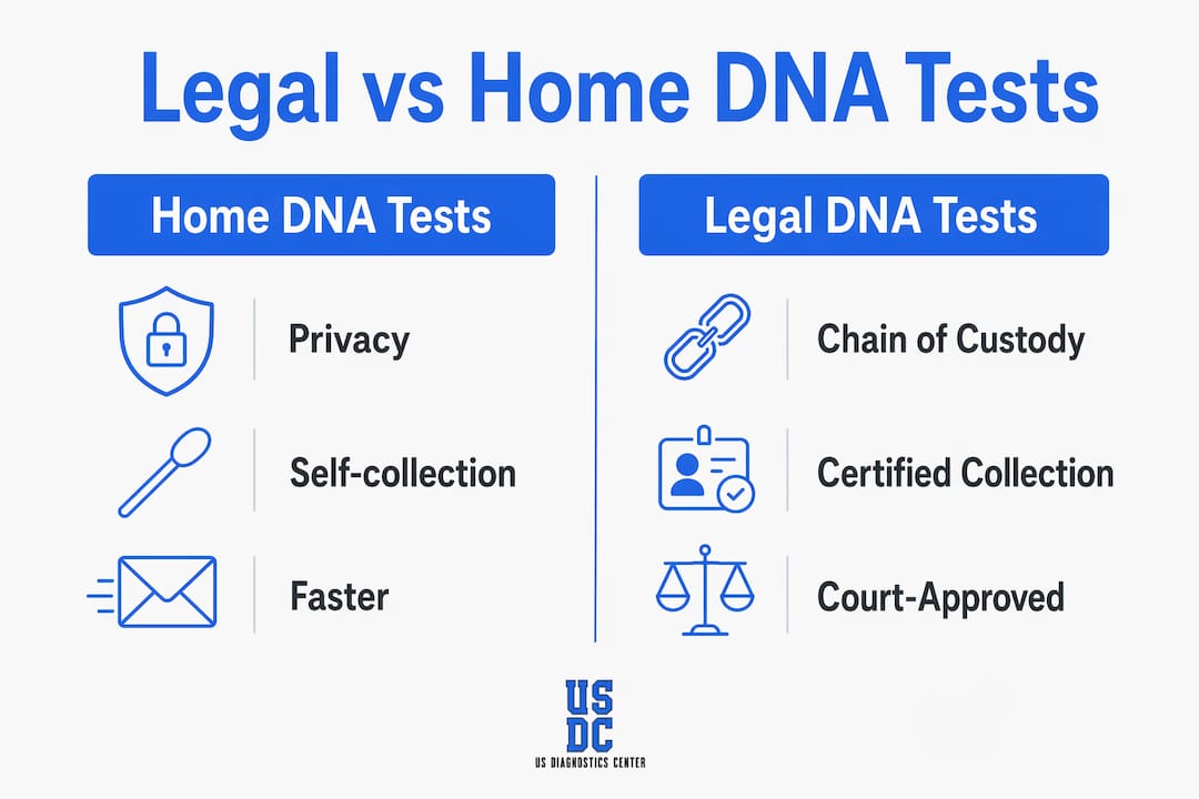 Infographic comparing home and legal DNA tests