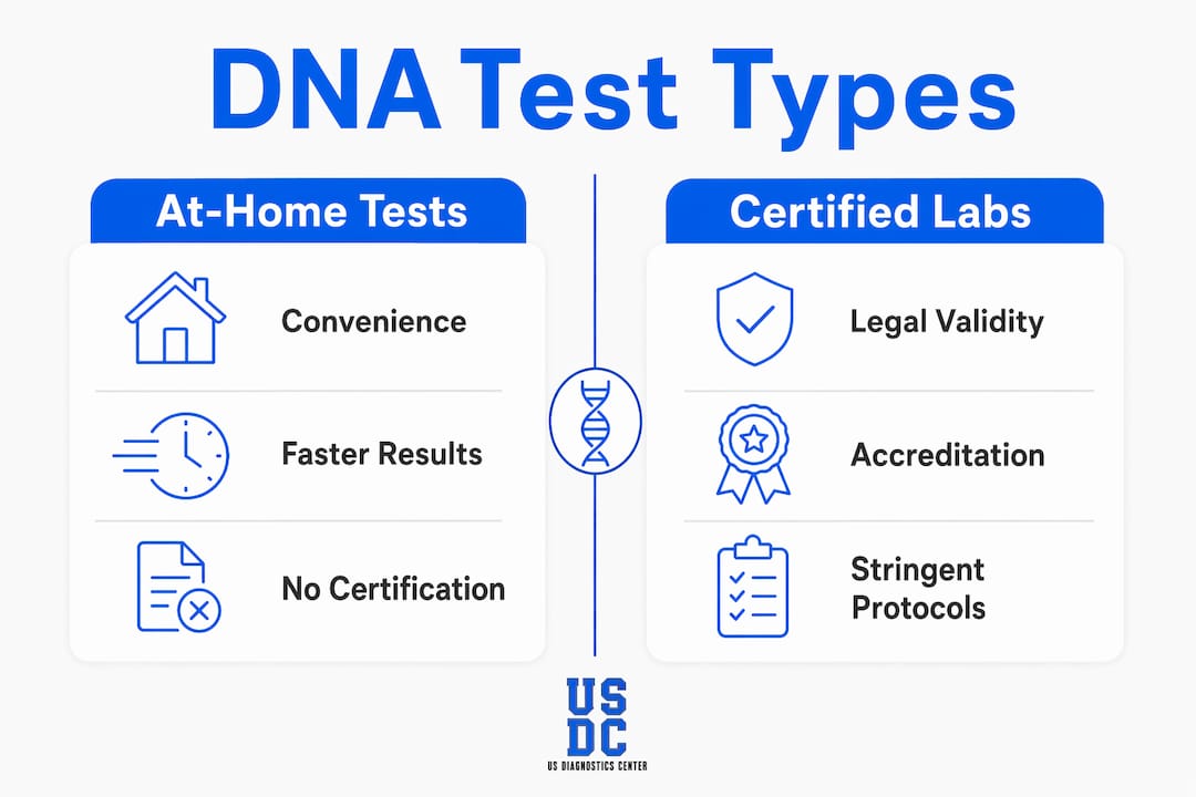 Infographic comparing at-home DNA tests and certified lab tests