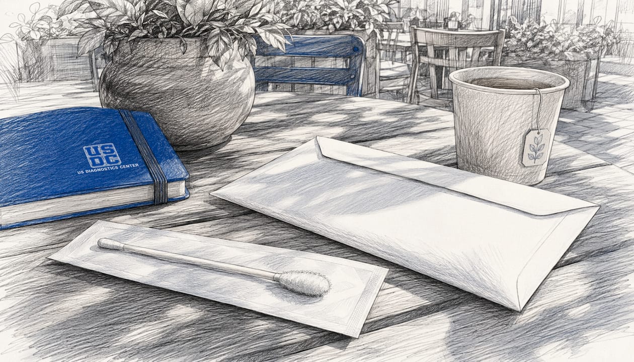 Cotton swab and mailing envelope on kitchen table