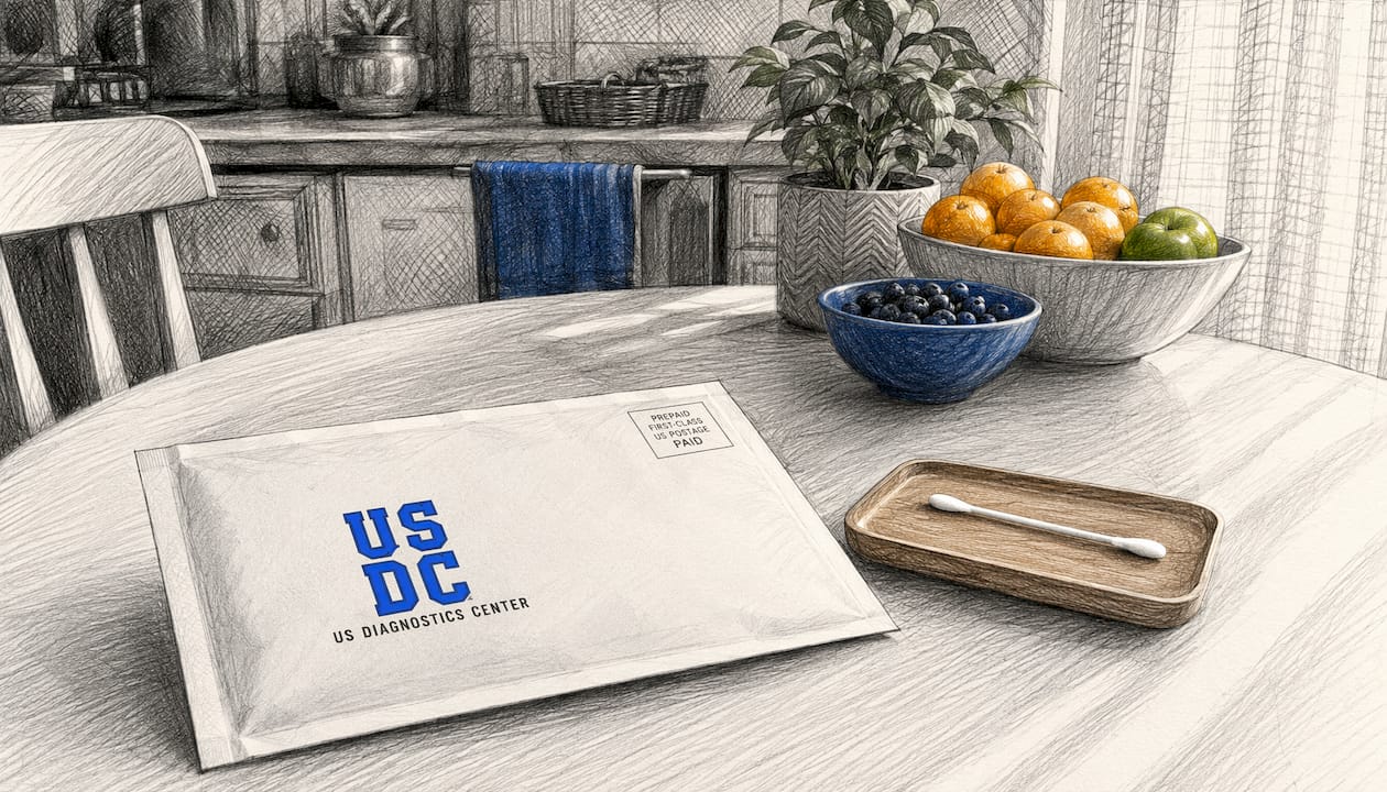 Cheek swab and mailing envelope on kitchen table