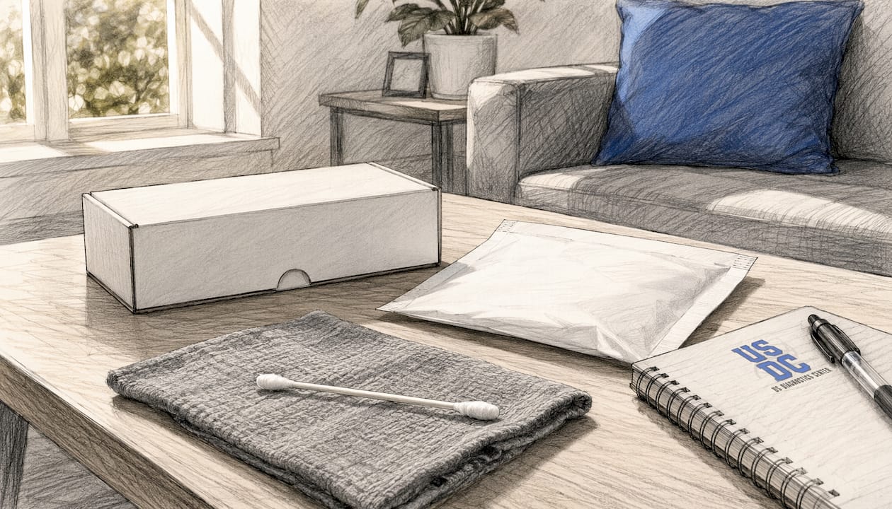 Home desk with DNA test kit and swab
