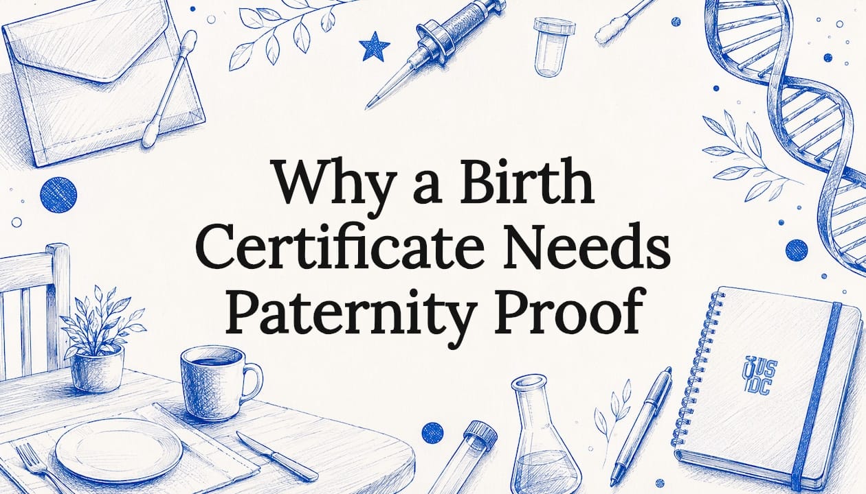 Decorative title card illustration for birth certificate and paternity proof article