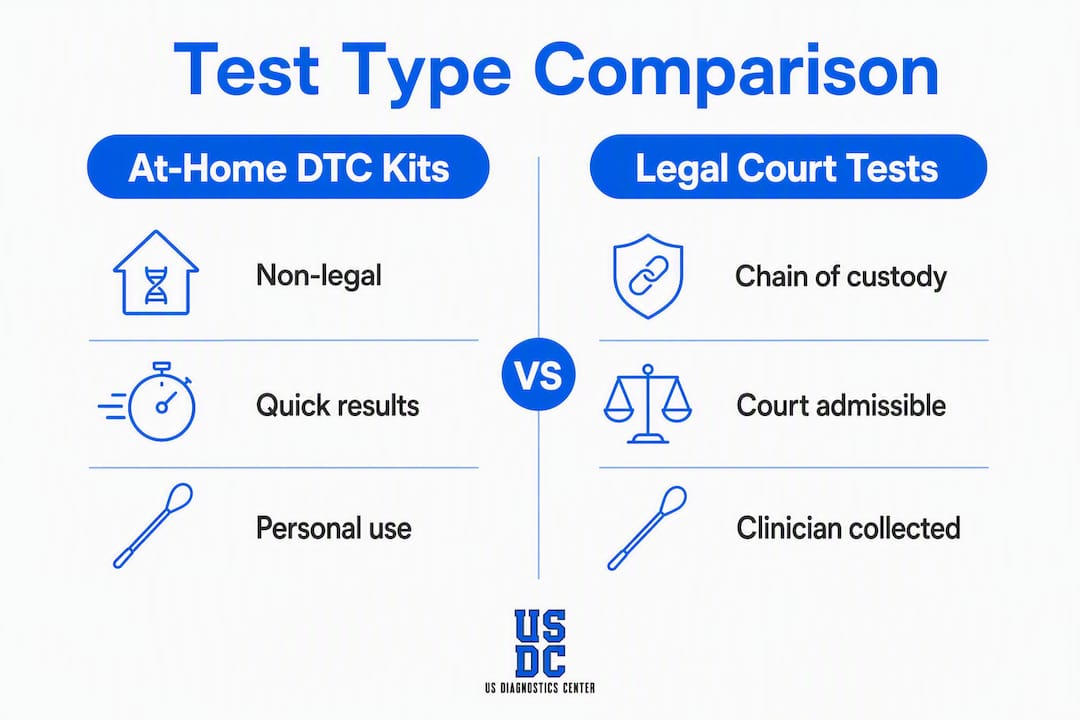 Infographic comparing at-home and legal DNA tests