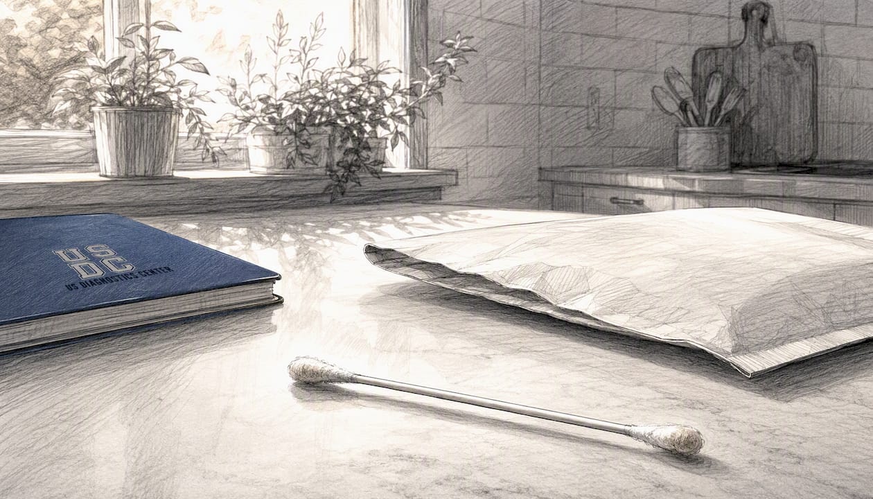 Cotton swab and mailing envelope on table