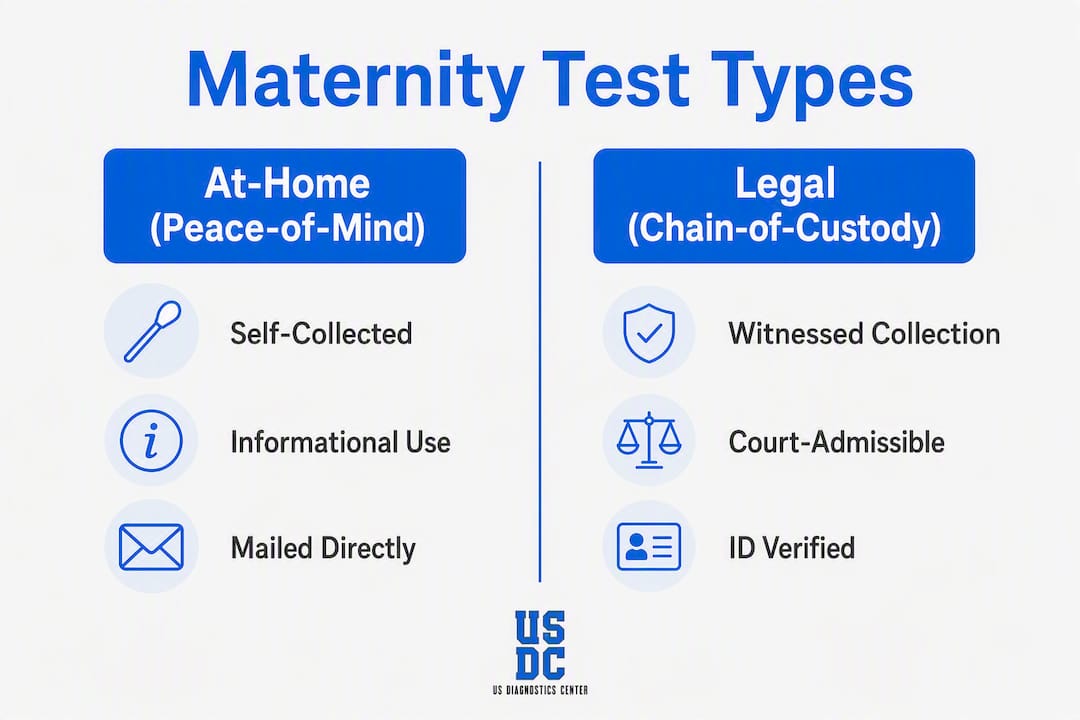 Infographic comparing at-home and legal maternity tests