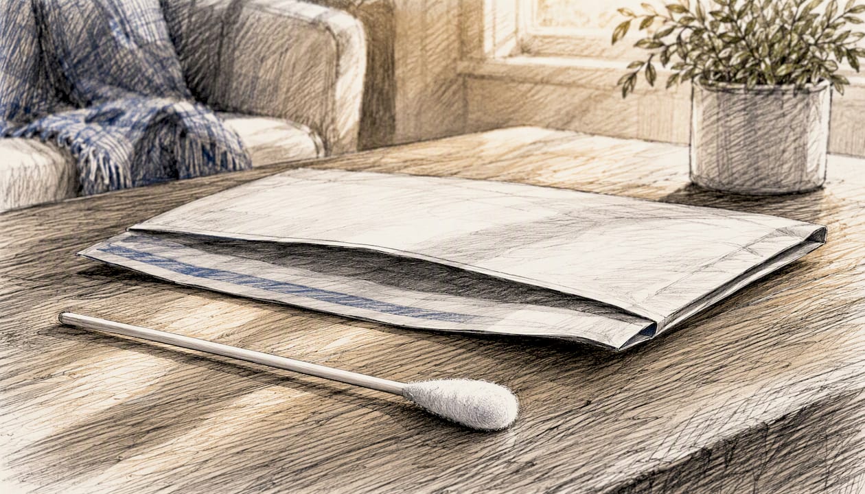 Cheek swab and envelope on home desk