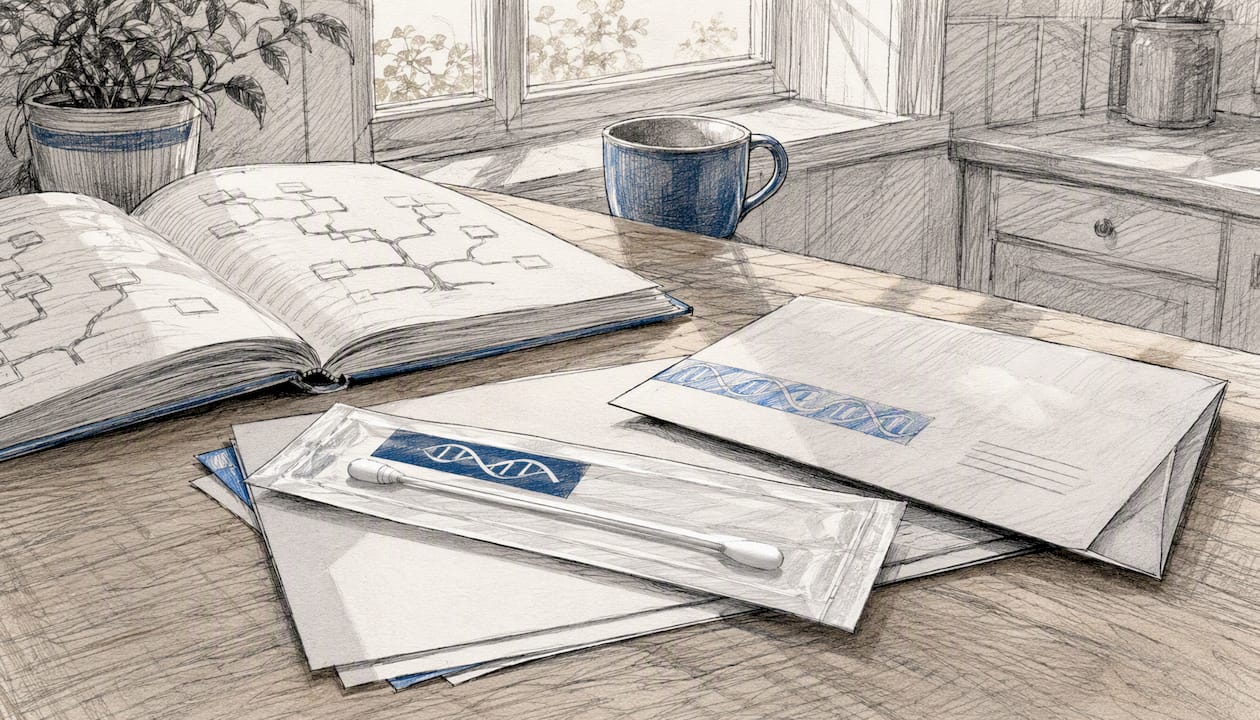 Genealogy research workspace with DNA test kit elements