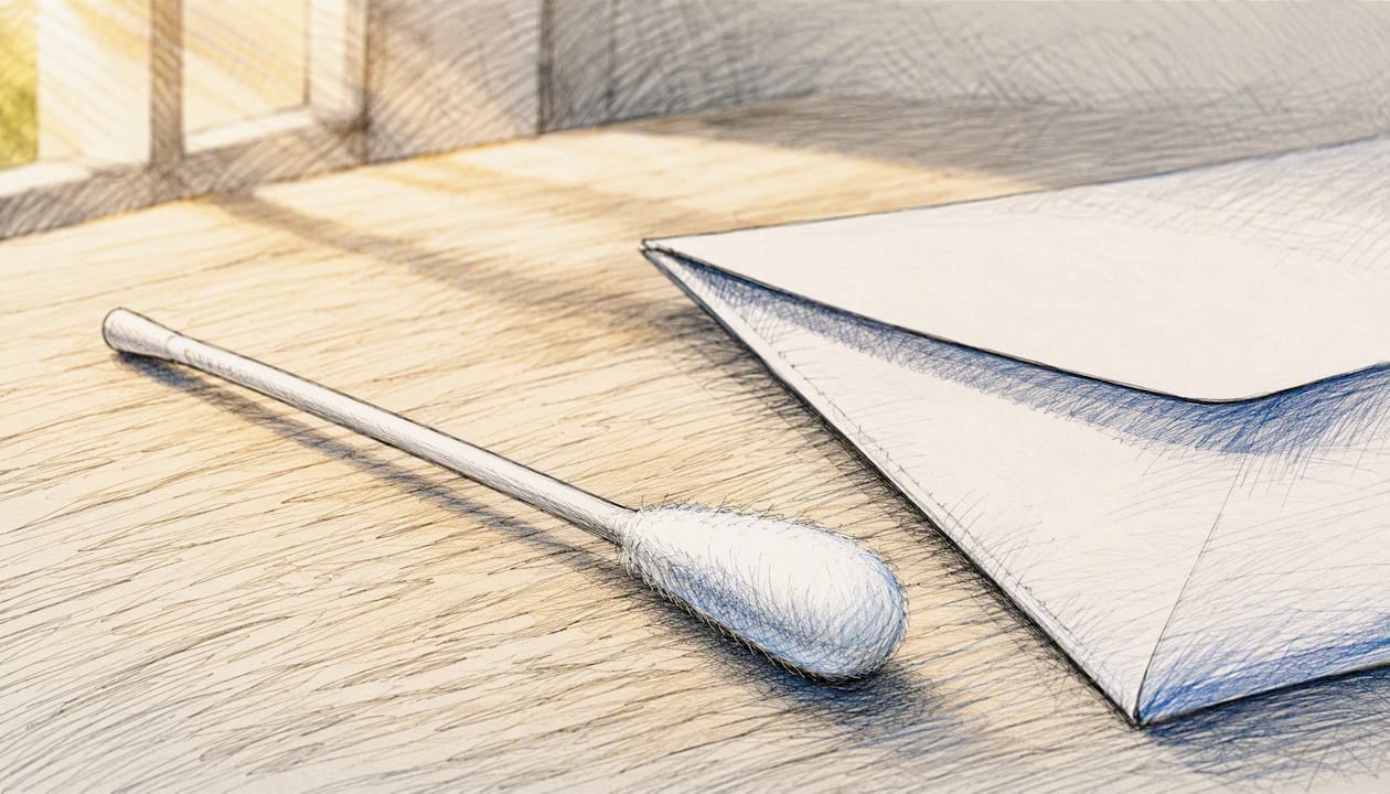 Cotton swab and envelope on table