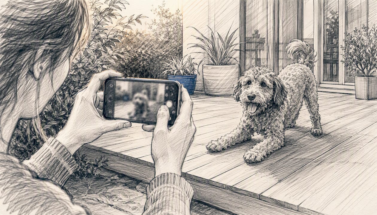 Person photographing dog indoors