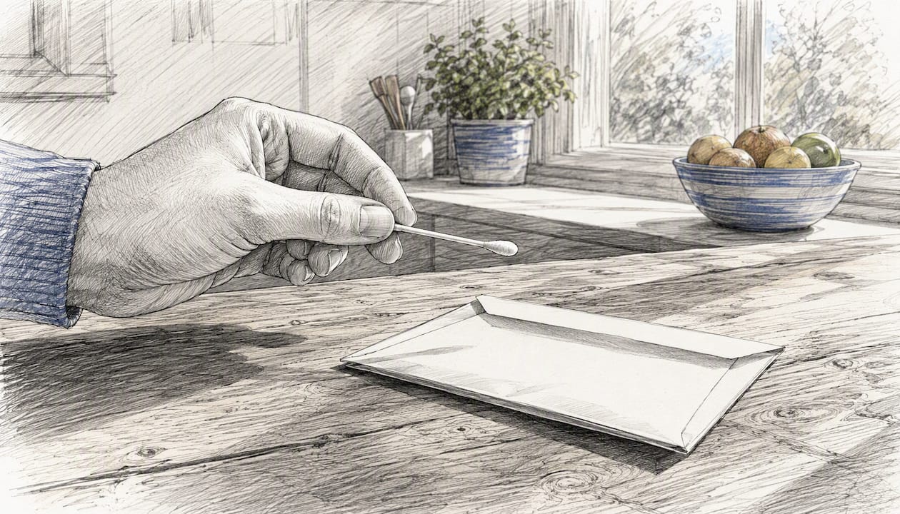 Hand holding dog cheek swab over envelope