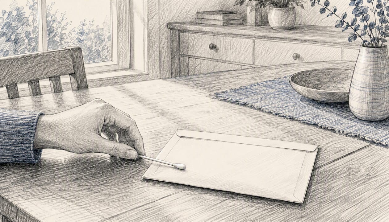 Hand placing cheek swab next to mailing envelope