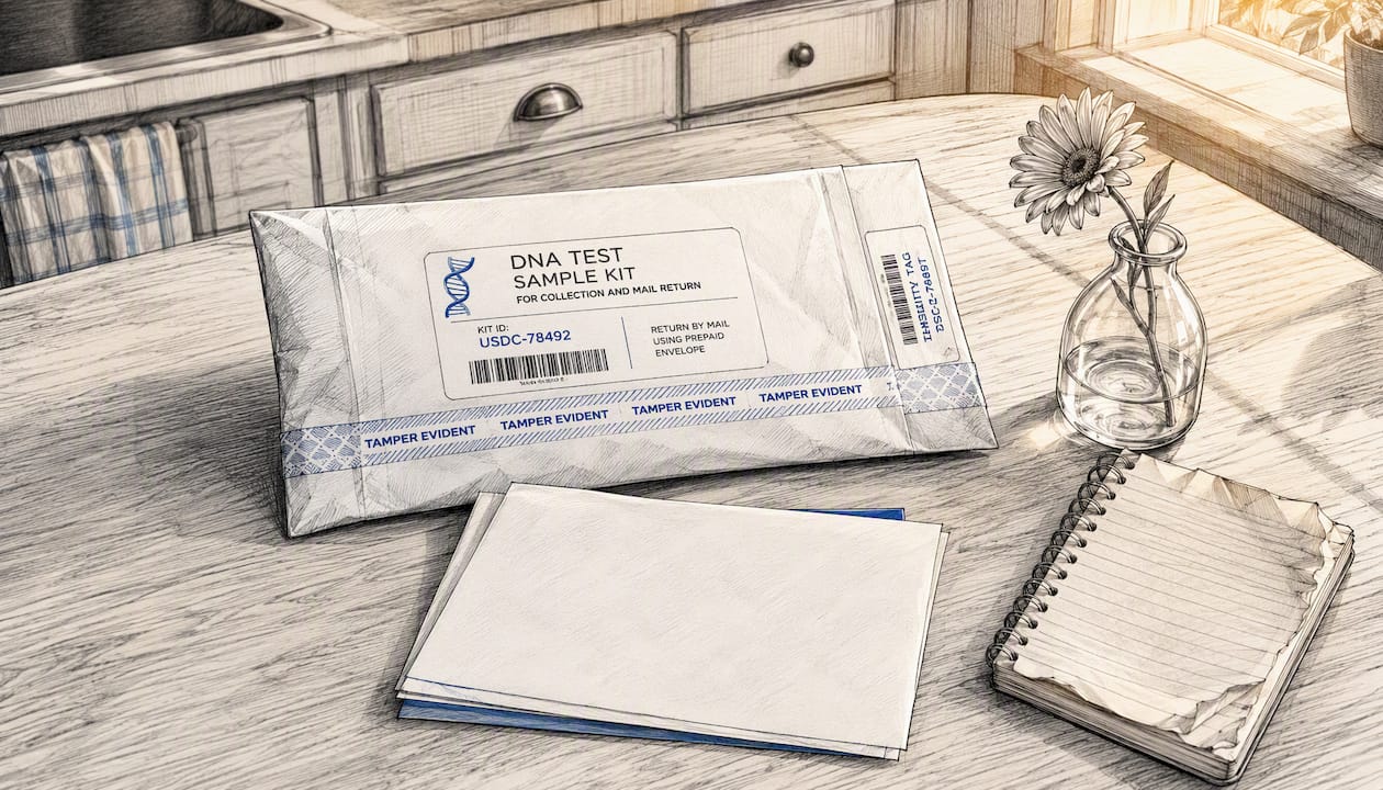 Sealed DNA test envelope with labeled chain-of-custody documents