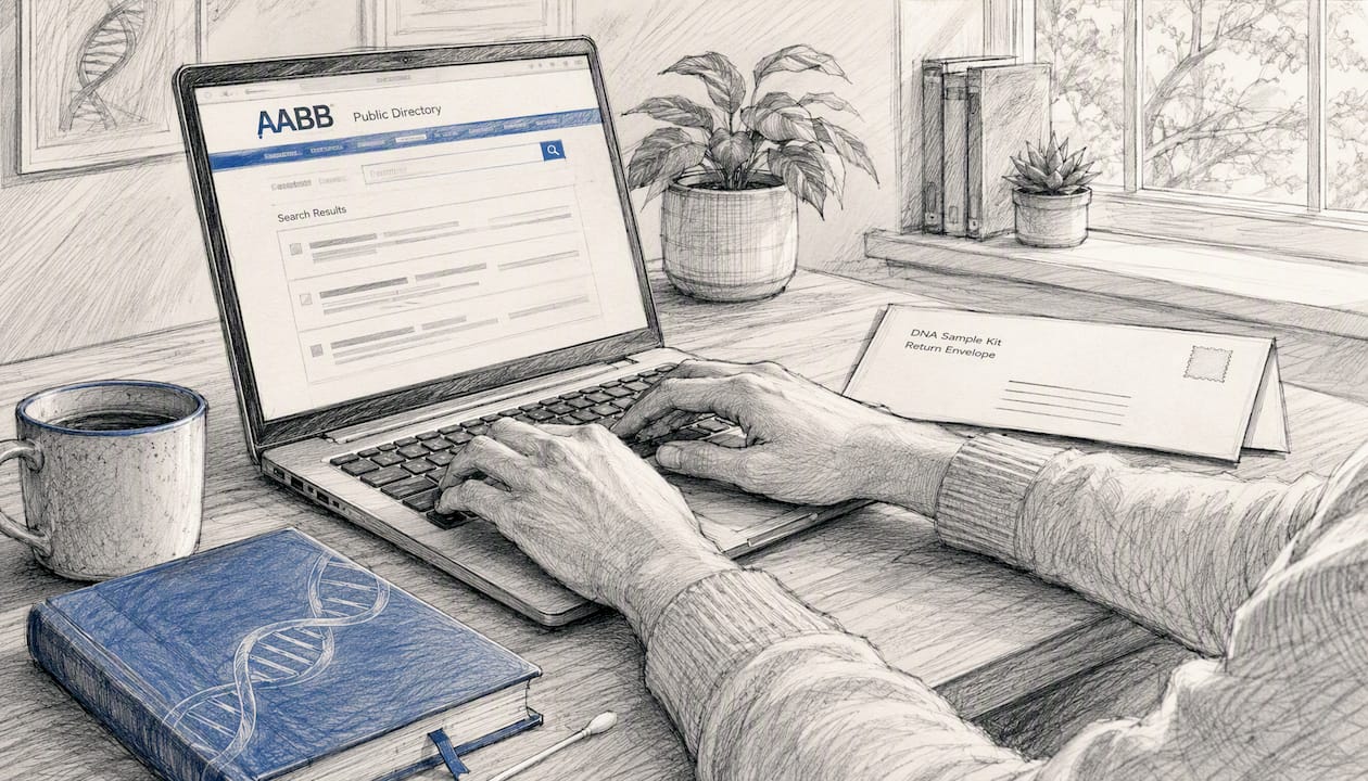 Hands typing on laptop with test kit nearby